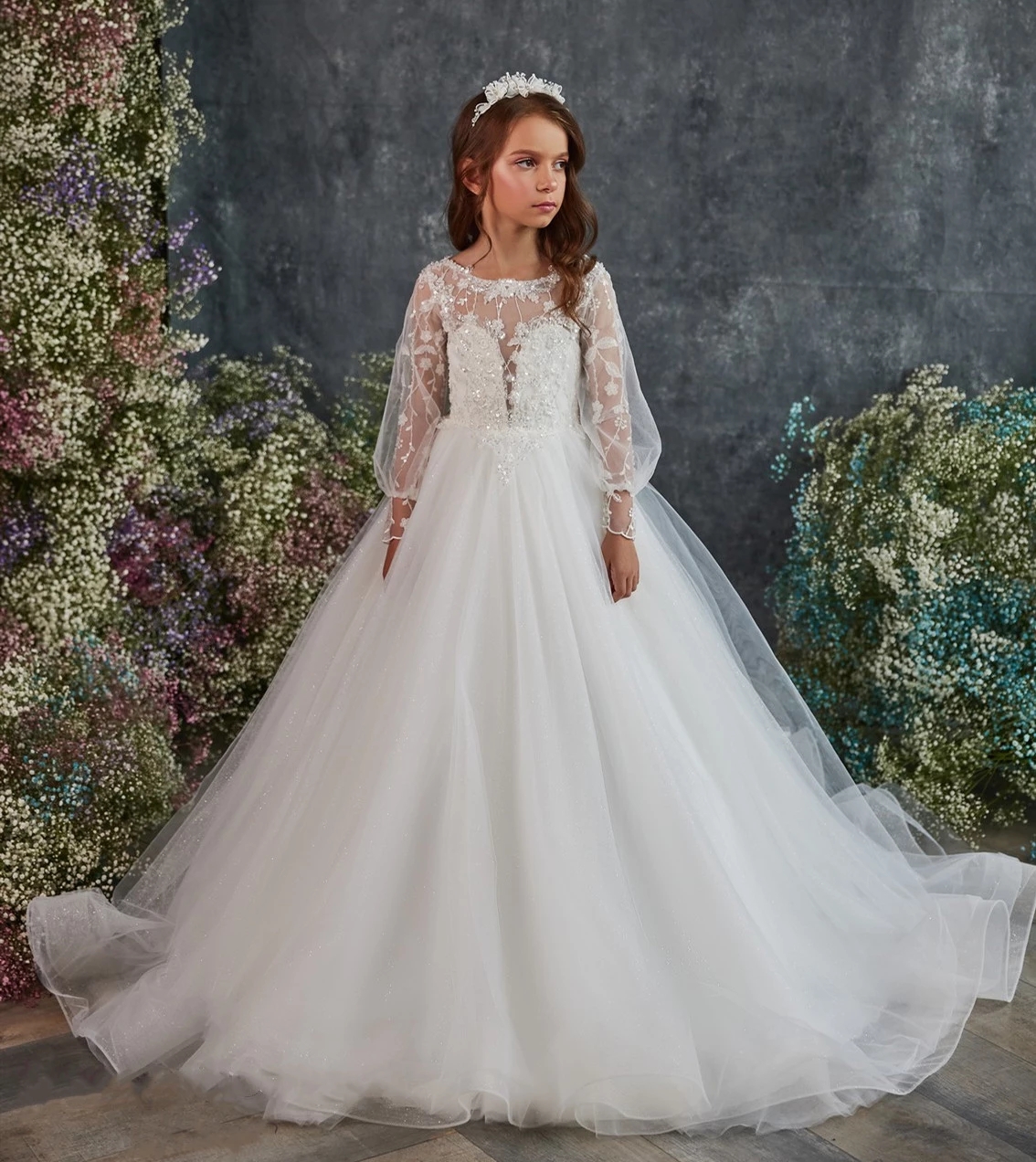 Robes de filles de fleurs blanches Robe de fête d'anniversaire Appliques de dentelle paillettes de lace en tulle
