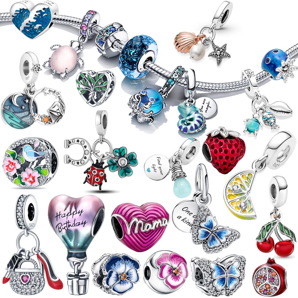925 Argent Fit Pandora point Perle Papillon Pensée Fleur Bracelet Charme Perles Dangle DIY Bijoux Accessoires