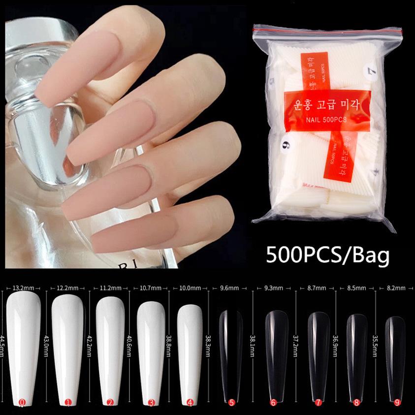

500pcs bag Super Long Ballerina Nails Clear Natural Coffin False Nails Art Tips Ultra Flexible Fake Nails Full Cover Designs Manic281C, As picture