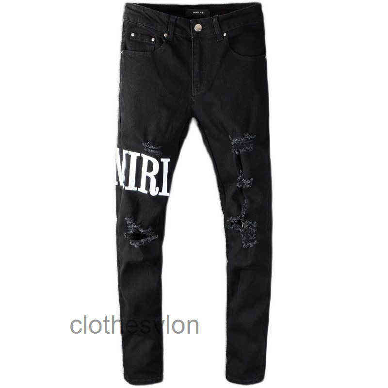 

Designer Man Amirs Jeans Jeans Black Mens Amri Gaojiechao Men's Brand Embroidery Hole Patch Elastic Slim Leggings Pants