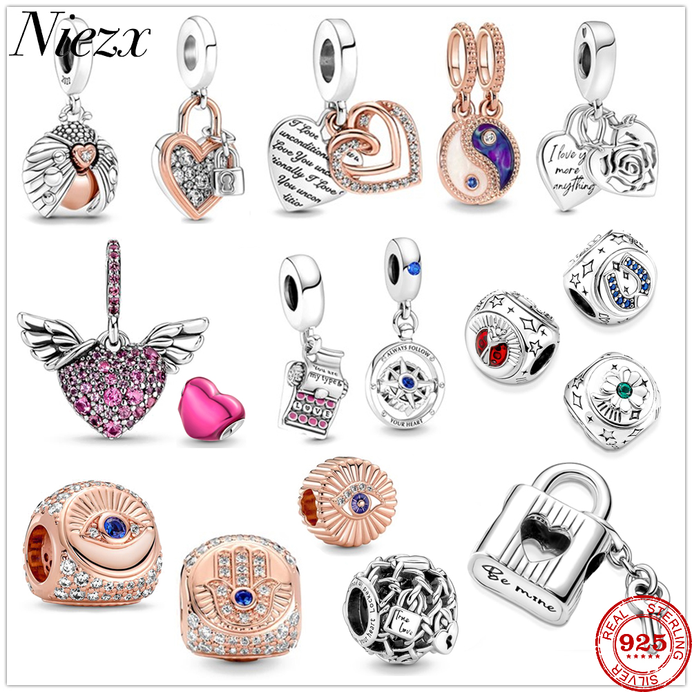 925 Sterling Silver Dangle Charm New Rose Heart Padlock Love Valentine Bead Fit Pandora Charms Bracelet DIY Jewelry Accessories