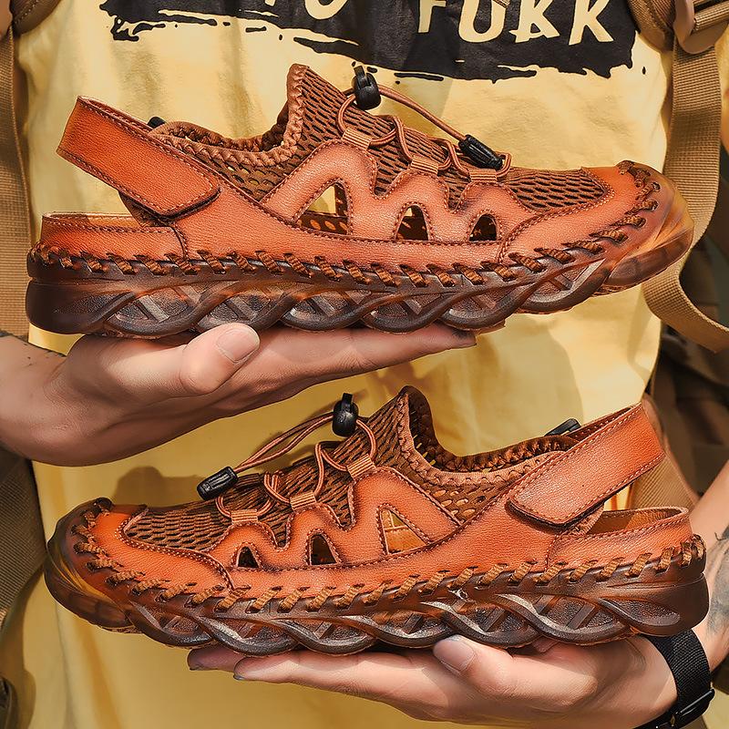 

Sandals Summer Mesh Men Breathable Genuine Leather Casual Shoes Handmade Outdoor Mens Slippers Beach Plus Size 38-46, Bn