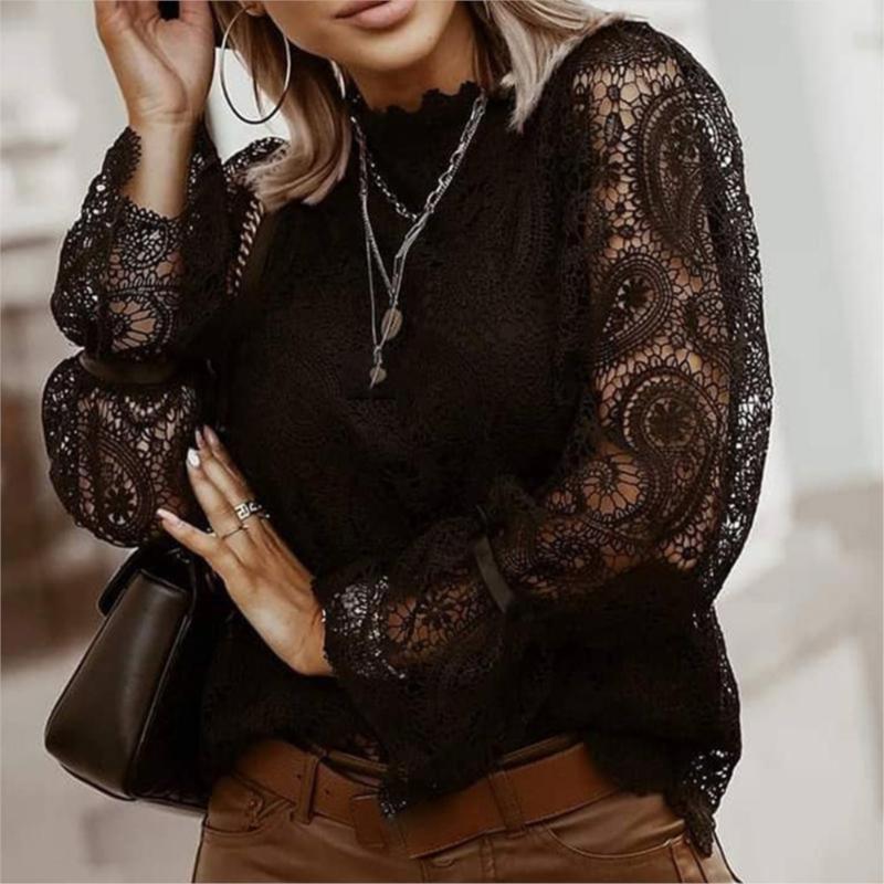 

Women' Blouses & Shirts Spring/Summer Lace Splicing Shirt Stand Collar Long Sleeve Solid Color Sexy Blouse Ladies Korean White TopWomen, Hfg5562 black
