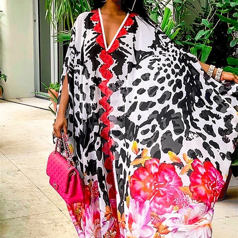 

Over Size Bohemian Dress Chiffon Beach Cover Up V Neck Leopard Print Beachwear Summer Robe Plage Swimsuit 220418, White black