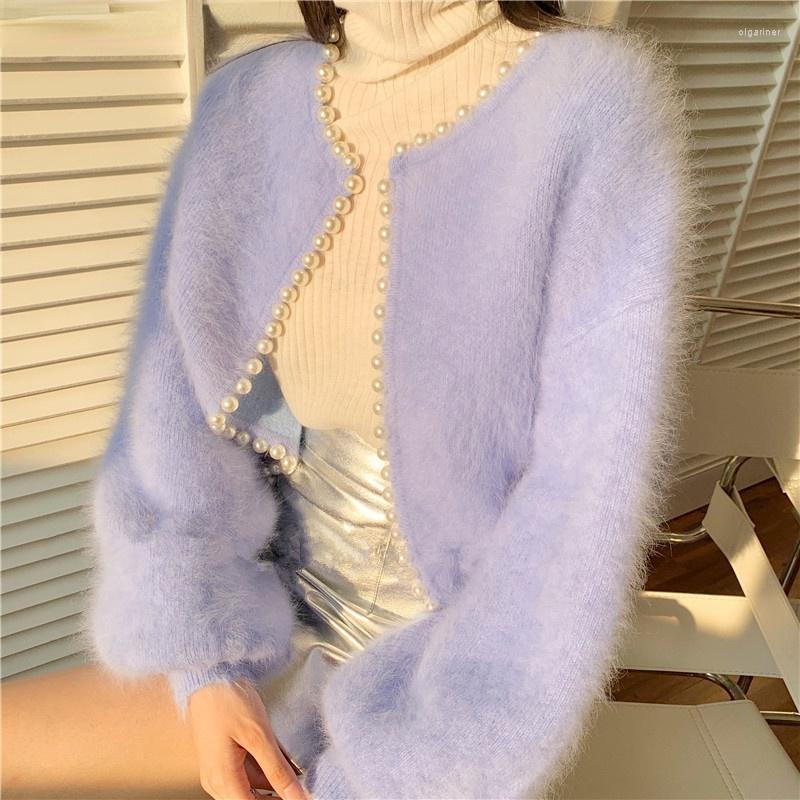

Women's Knits & Tees Sweet Lantern Sleeve Mink Cashmere Sweater Knitted Cardigan Korean Beads 2022 Casual Knitwear Open Stitch Knit Olga22, White