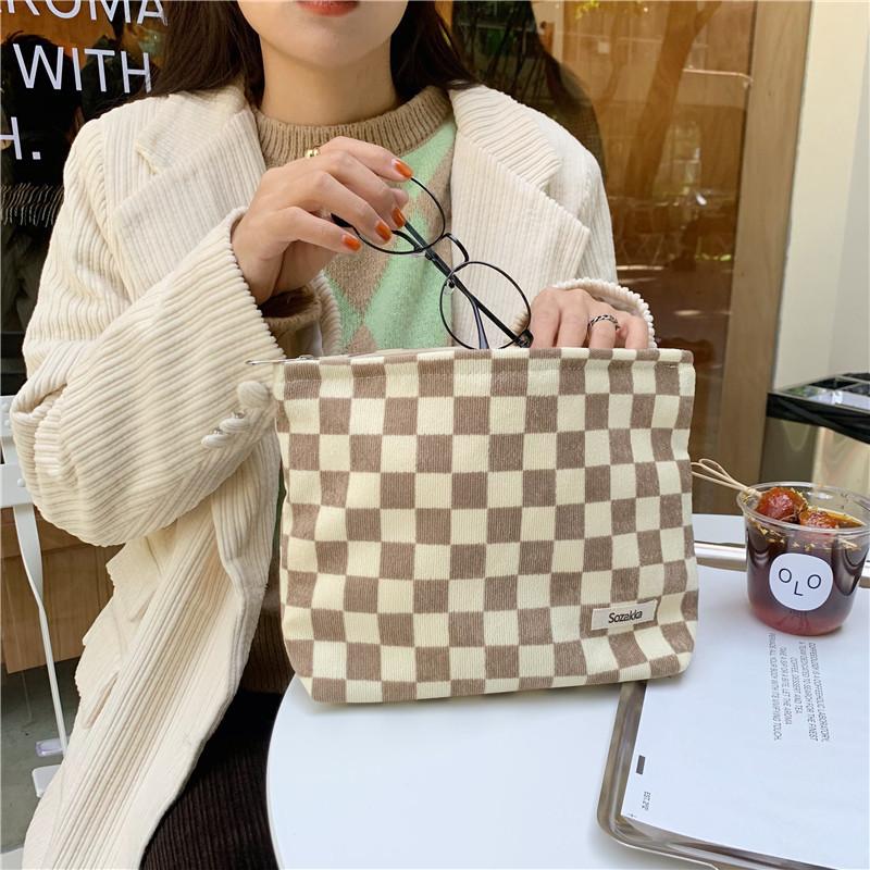 Cosmetic Bags & Cases 1 PC Fashion Corduroy Checkerboard Clutch Bag Washing Large Capacity Women Travel Portable Make Up Storage