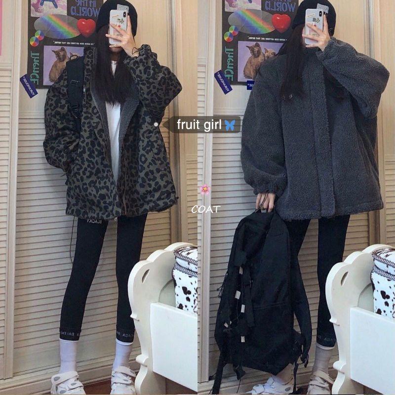 

Women' Trench Coats Padded Jacket Hong Kong Style Leopard Print Retro Double-sided Faux Lamb Wool Coat Female Thick Oversized 2022 Autumn W, Apricot