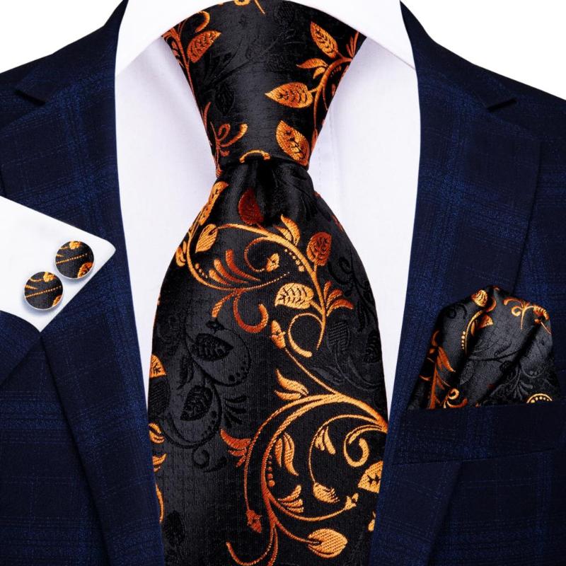 

Bow Ties Hi-Tie Silk Wedding Necktie For Men Black Gold Floral Handky Cufflink Fashion Designer Tie Business Party Dropshiping