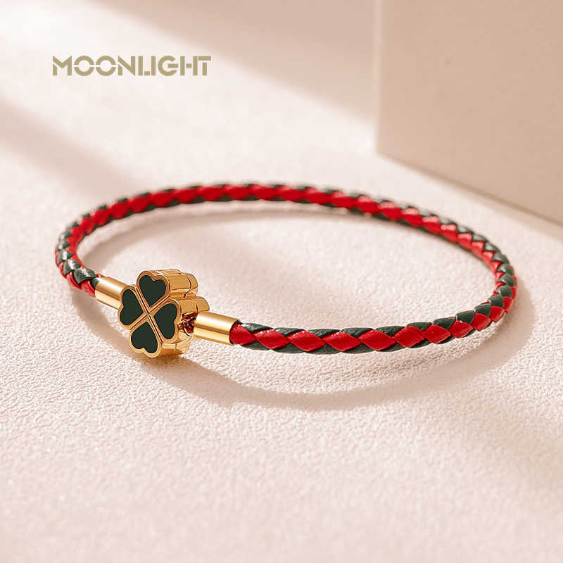 Moonlight Women's Leather Four Leaf Woven Bracelet, Red Love Jewelry, Christmas Gift, Party, 2021-image-746402987