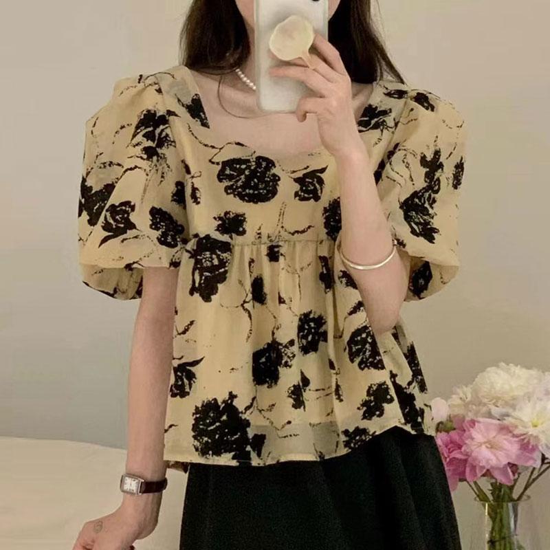 

Women's Blouses & Shirts Vintage Square Collar Latern Short Sleeve Women Hit Color Floral Printed Blusas Mujer Korean Fashion TopsWomen's, Print