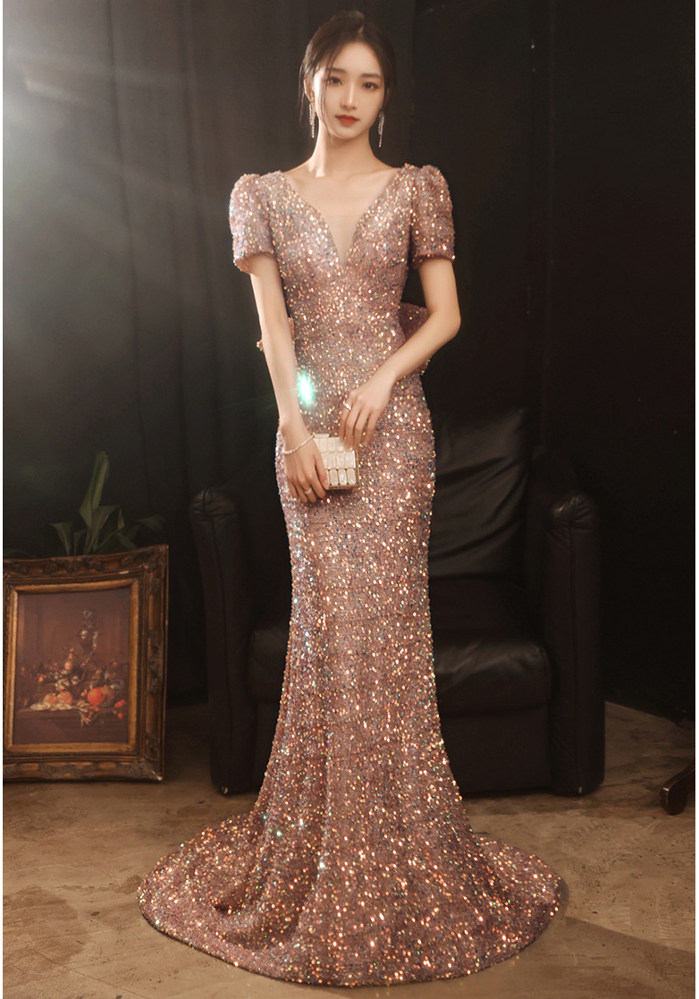 Pink Sequined mermaid Evening Dresses Sexy V neck Backless Long Party Occasion Gowns Formal Bridesmaid Dress prom dress mermaid-image-759426169
