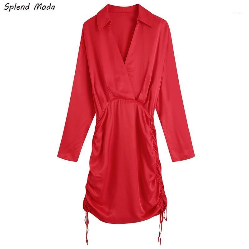 

Casual Dresses Splend Moda Autumn Fashion French Vintage Turn Down Collar Folds Silk Satin Texture Solid Color Drawstring Dress Women Vestid, Xc1592