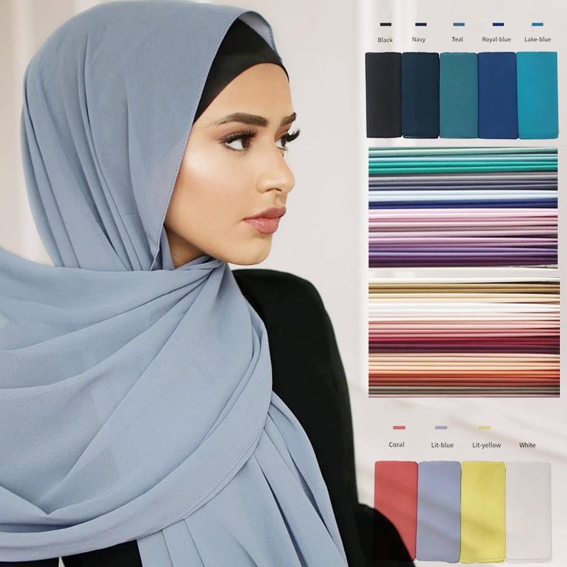 

Ethnic Clothing Muslim Chiffon Hijabs For Woman Solid Color Headwraps Long Shawl Scarf Women Hijab Jersey Ladies Voile 70 180cmEthnic