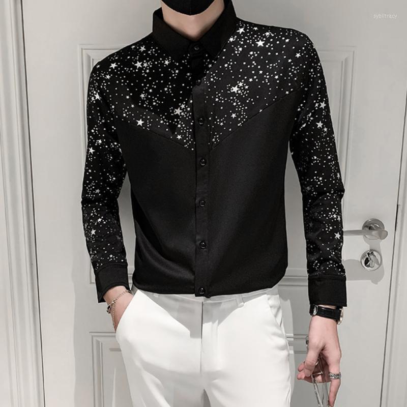 

Men's Casual Shirts Shining Star Print Men's Shirt Korean Fashion Slim Long Sleeve Social Party Tuxedo Dress Streetwear ClothingMen's Sy, Black