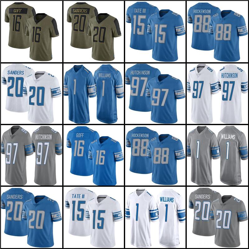 

Detroit''Lions''97 Aidan Hutchinson 1 Jameson Williams Football Jersey 88 T.J. Hockenson 32 D'Andre Swift 16 Jared Goff 20 Barry Sanders, Men jersey