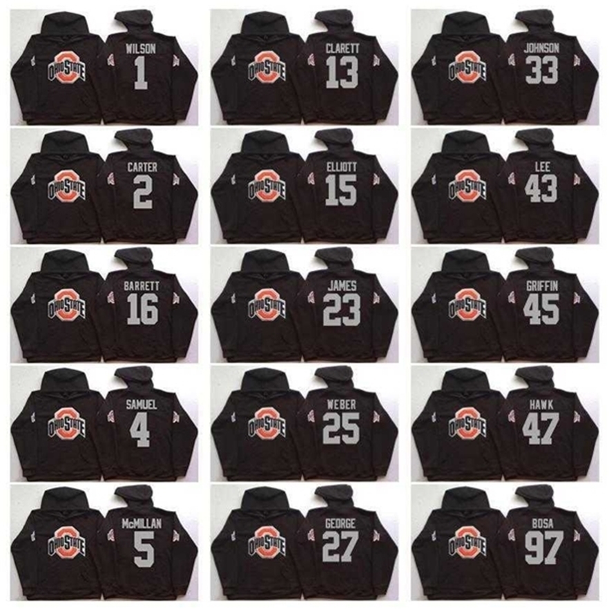 

MThr NCAA Ohio State Buckeyes College 97 Bosa 15 Elliott 12 C.JONES 16 BARRETT 1 B.Miller Black Football Hoodie Hooded Sweatshirt Jackets Jerseys
