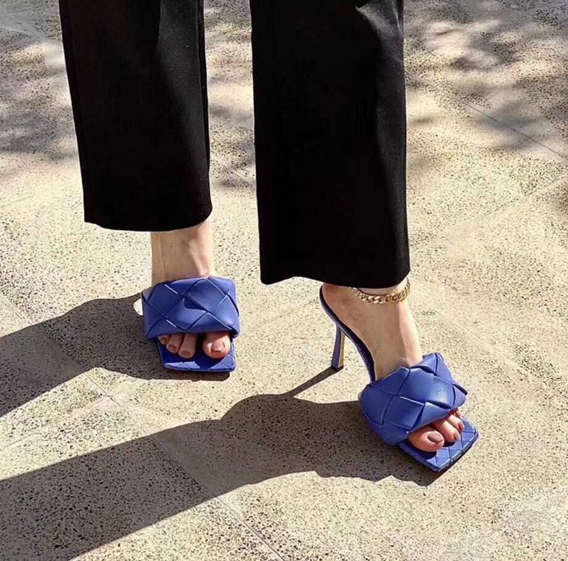 

purple Latest leather weave slippers Square toe high heel sliding mule Square mouthed open-toed slipper 100mm women's dress and banquet shoe Designer factory shoes, Gifts are not sold separately
