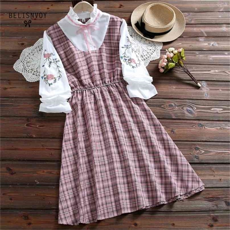 

Japanese Preppy Style Autumn Women Mini Dress Ruffled Collar Contrast Color Plaid Loose Floral Embroidery Kawaii Student s 210520, Green