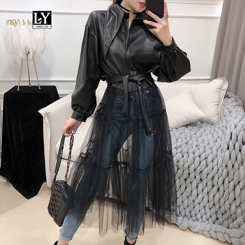 

Ly Varey Lin Spring Women Faux Soft Leather Jackets Black Long Mesh Gauze Patchwork Pu Leather Jacket Outerwear With Belt 201030
