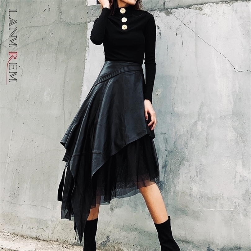 

LANMREM Spring Autumn PU Leather Skirt In The Long Section Of High Waist A-line Irregular Mesh 19B-a444 220401, Black