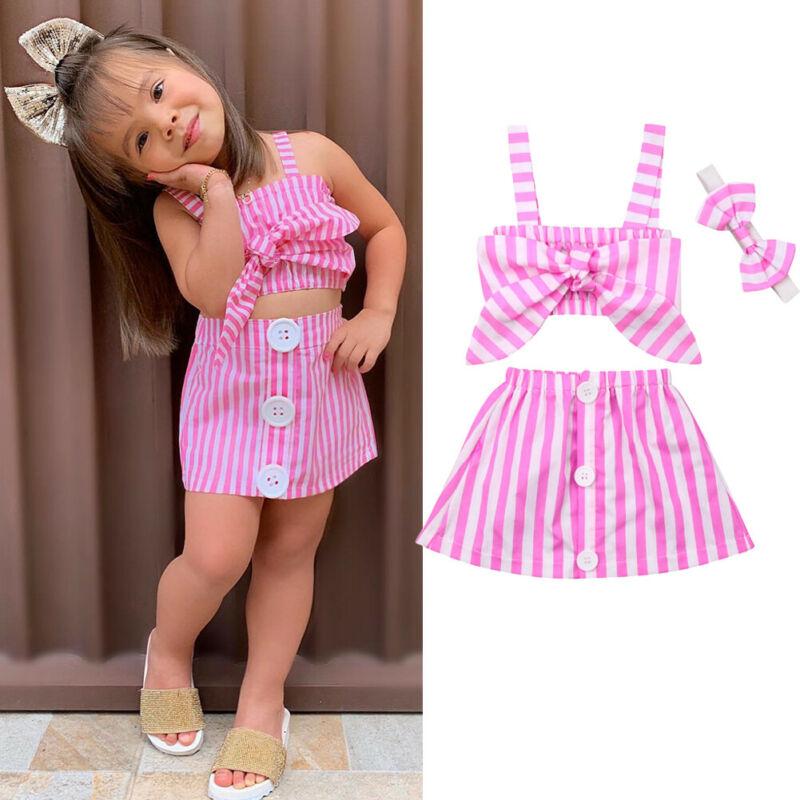 

Clothing Sets Wholesale 3pcs Summer Stripe Clothes Born Kid Baby Girl Outfits Bowknot Strap Sleeveless Top Skirts Headband SetsClothing, As pic