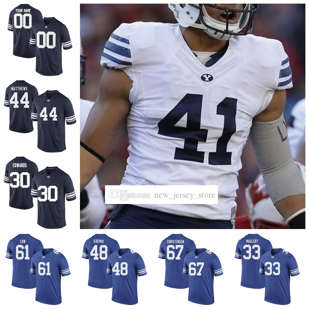 

NCAA Custom BYU College Cougars Football Jerseys Stitched 9 Jim McMahon 32 Dennis Pitta Emmanuel Esukpa Dax Milne Baylor Romney Jersey, Mens white with navy