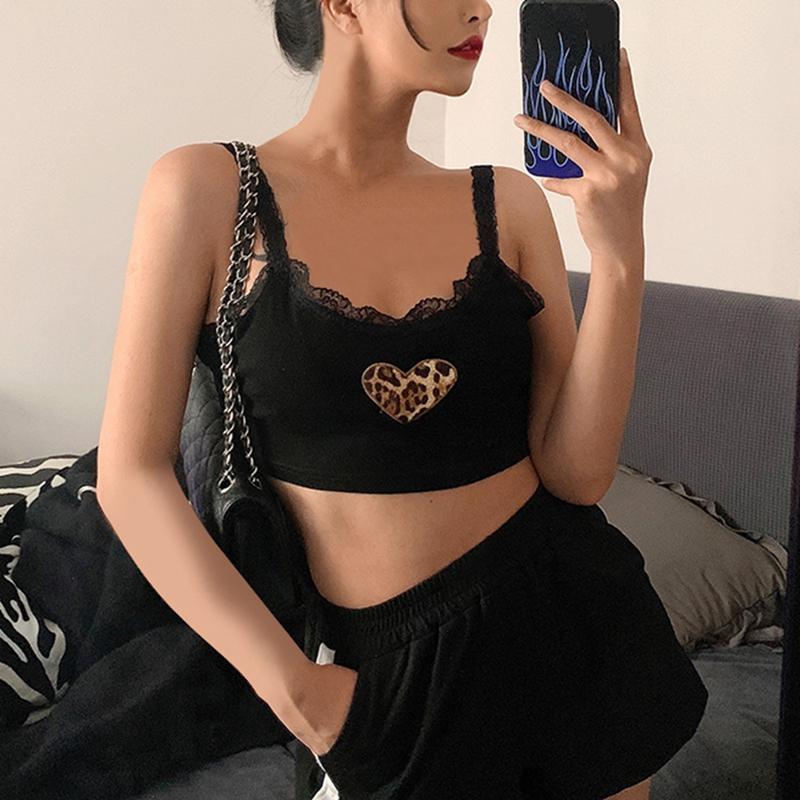 

Women' Tanks & Camis Patchwork Punk Grunge Lace Women Crop Tops Leopard Sleeveless Sexy Streetwear, Black