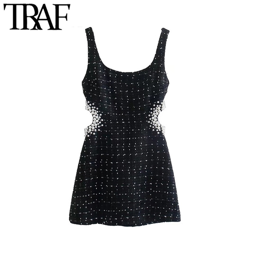 

TRAF Women Fashion With Pearl Beads Hollow Out T Mini Dress Vintage Backless Zipper Wide Straps Female Dresses Vestidos 220402, As picture