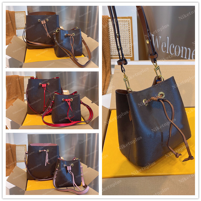 

New NÉONOÉ MM bucket bags Black/Brown/Pink/Red colorful leather trim Letter Flowers Monograms canvas Vintage adjustable smart strap cross-body designer Bag Neo Noe, #1