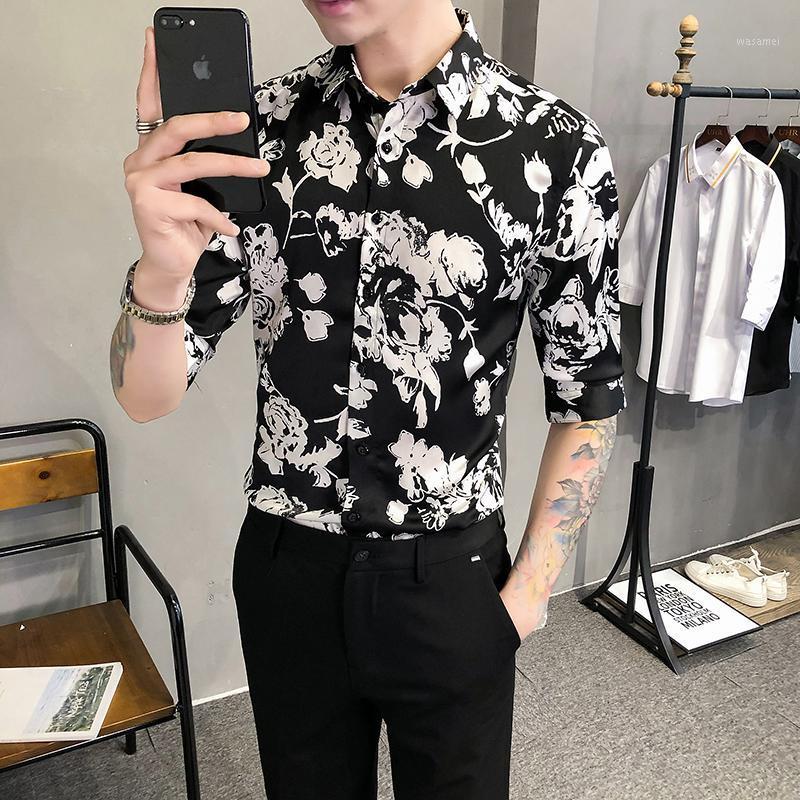 

Summer Flower Shirts Men Half Sleeve Slim Fit Casual Shirt Male Streetwear Social Party Blouse Fashion Camisa Masculina Men's, Black