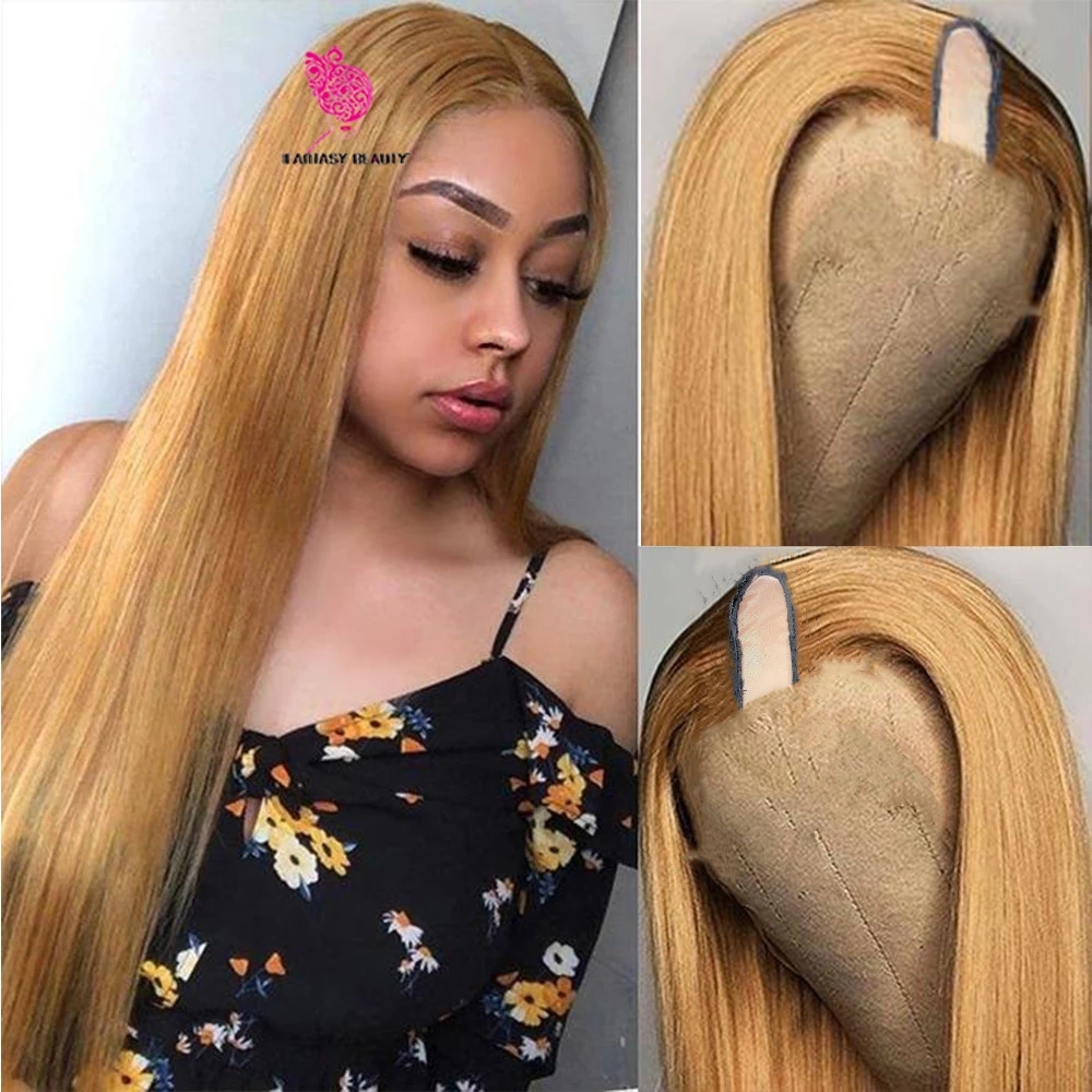 

Honey Golden Blonde Bone Straight V Part Wigs Silky 100% Human Hair Wig Glueless Unprocessed Middle Open U Shape Full End, As picture color