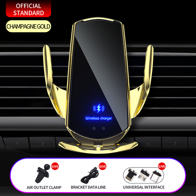 Automatisk 15W QI Wireless Charger Car Mount för iPhone 13 12 11 Pro Max XS XR X 8 Plus Samsung S20 S10 Magnetisk USB Infraröd sensor Telefonhållare