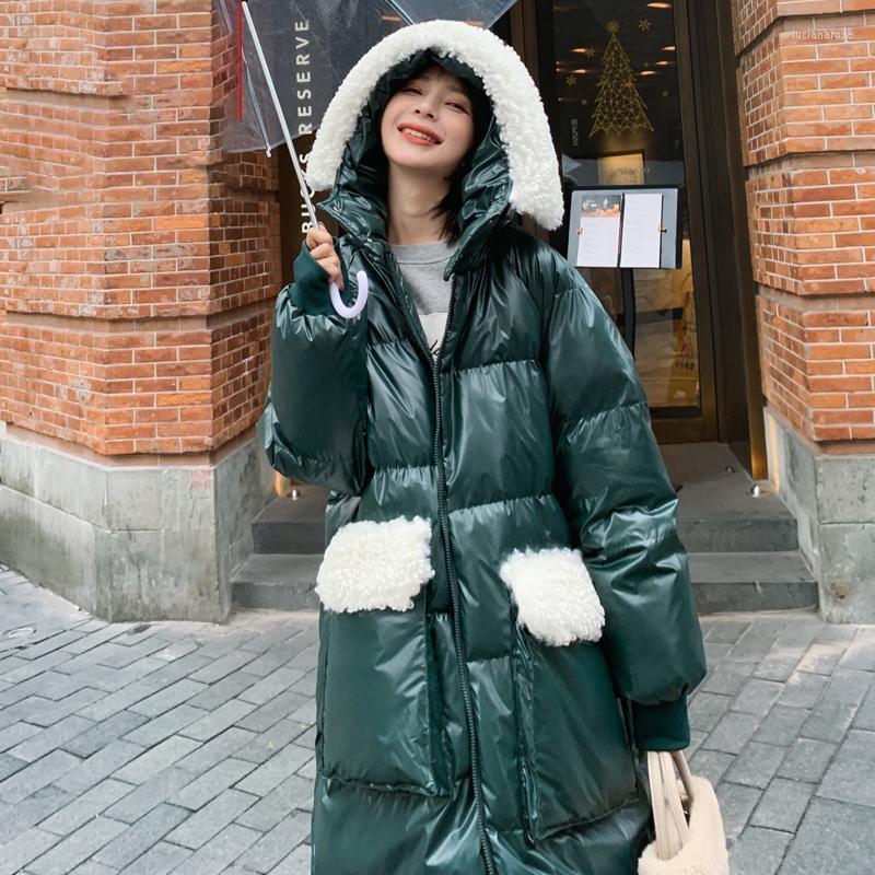 

Women' Down & Parkas Glossy Winter Cotton Coat Long Oversize Lamb Wool Thick Loose Fashion Warm Thicken Hooded White Duck Jacket Female Luc, Black