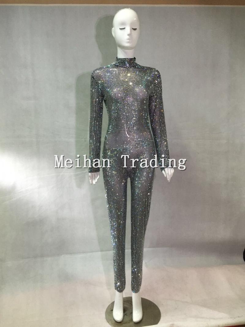 Women's Jumpsuits & Rompers Fashion Sparkly Full Crystals Jumpsuit Prom Luxury Bodysuit Outfit Party Celebrate Glisten Costume Stage ShowWom