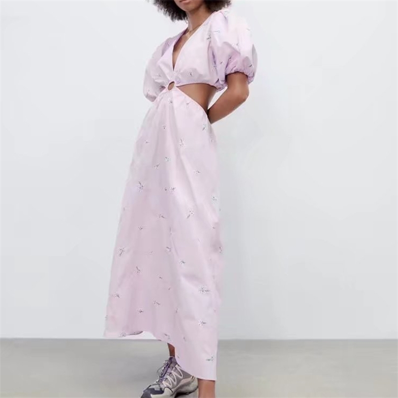 

KUMSVAG Women Summer Vintage ALine Dress Floral Hollow Out Poplin Short Sleeve Female Street Sweet Dresses Vestidos 220704