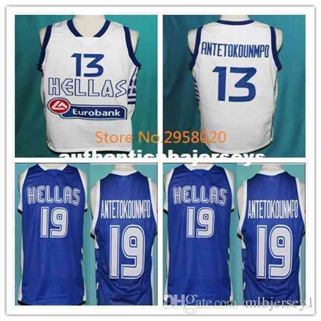 Pas cher personnalisé Antetokounmpo # 13 équipe Grèce maillot de basket-ball blanc bleu broderie cousu personnalisé n'importe quel numéro et nom maillots gilet chemise