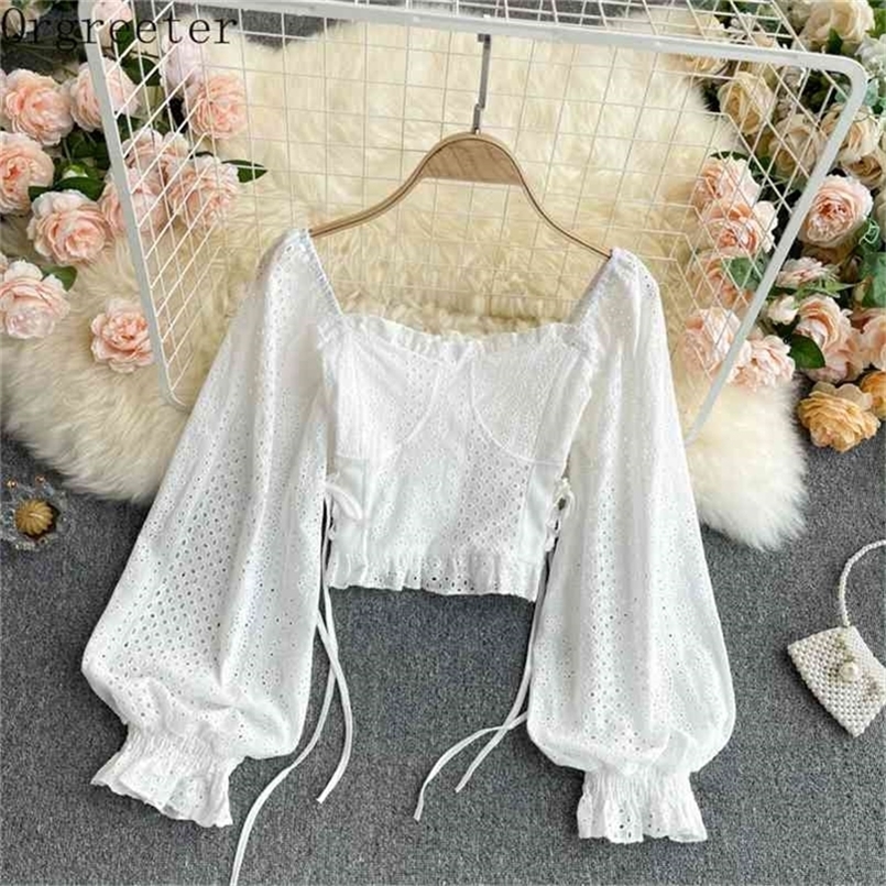 

Spring Women's Square Collar Puff Sleeve Waist Was Thin Blouse Shirt Blusa Lace Blusas mujer de moda verano 210602, White