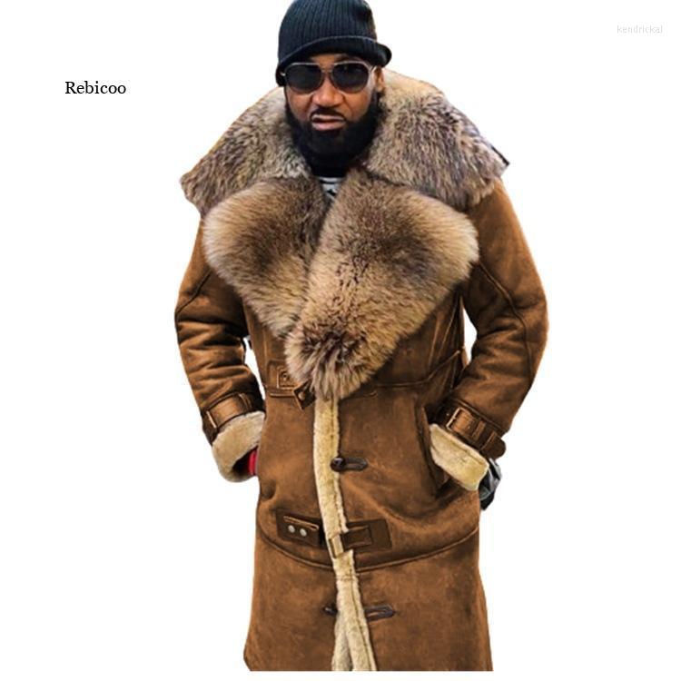 

Men' Wool & Blends Men Coat Long Full Sleeve Fur Turn Down Neck Solid Color Warm Thick Pocket Horn Button Plus Size Kend22, Brown