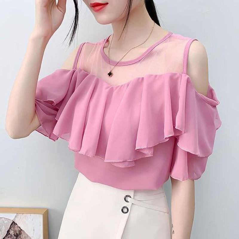 

Women's Blouses & Shirts Store Fashion O-Neck Gauze Spliced Ruffles Short Sleeve Chiffon Blouse Loose Commute Women Clothing Plus Size Solid, Black