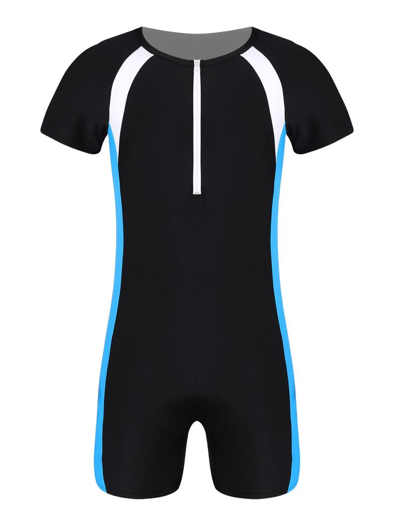 

Women's Swimwear Men One-piece Simwear Short Sleeves Front Zipper Closure Colorblock Patchwork Jumpsuit Swimming Suit Triathlon Wetsuit, Black blue