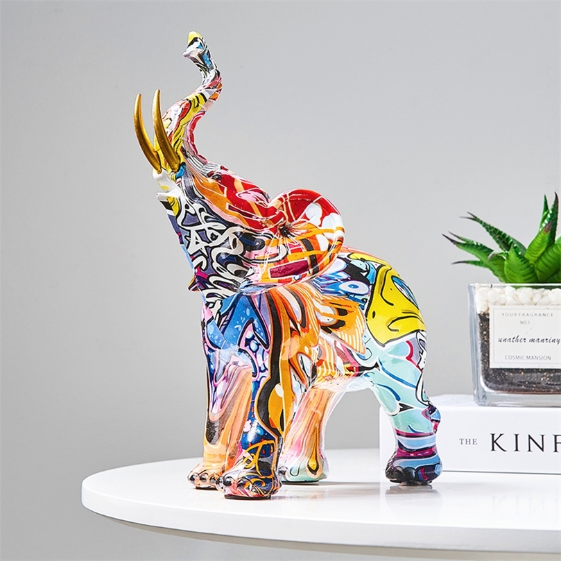 

Graffiti Colorful Painting Elephant Sculpture Figurine Art Elephant Statue Creative Resin Crafts Home Porch Desktop Decor 220505