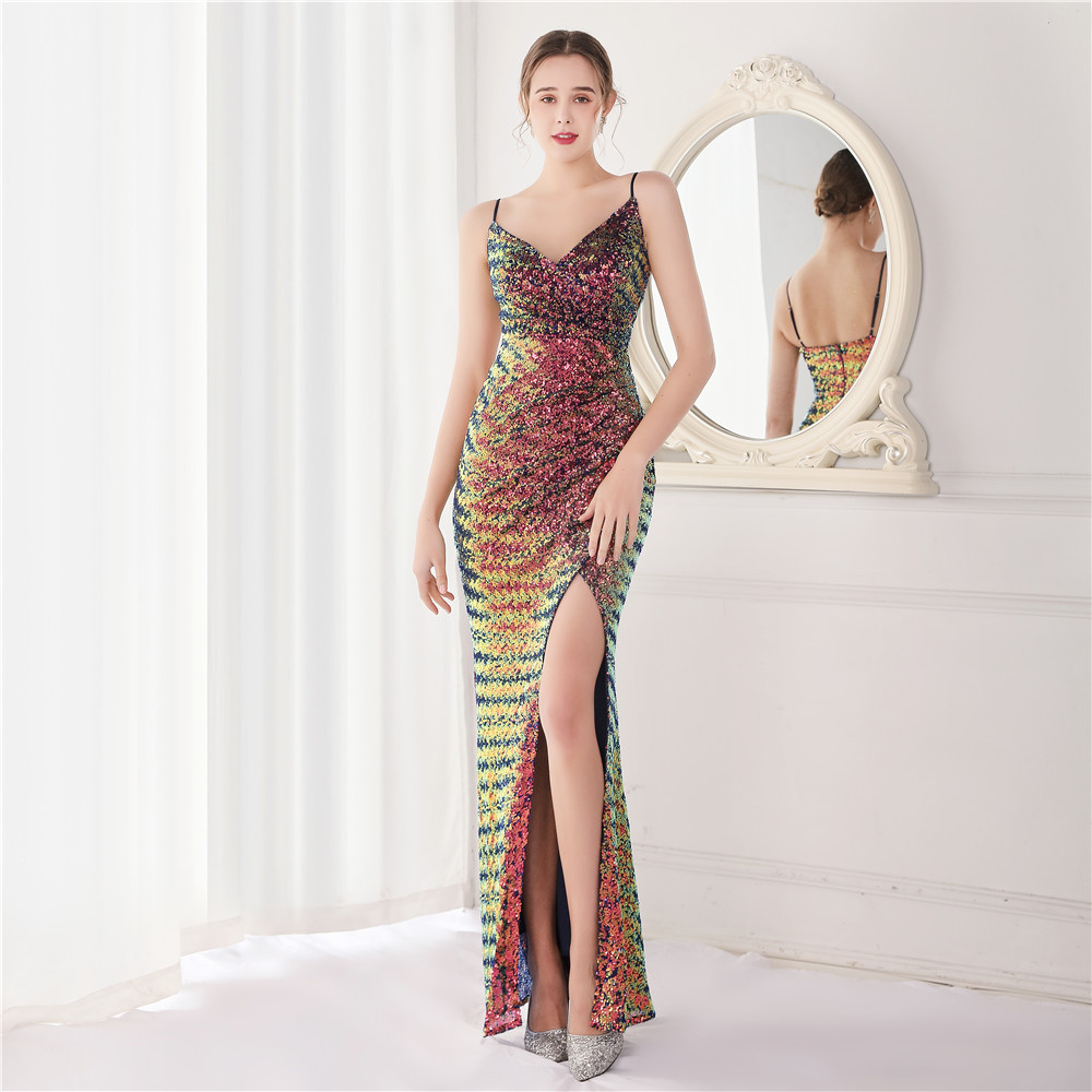 Sexy paillettes sangle longue sirène robes de soirée 2022 chérie haute split femmes africaines paillettes pas cher robes de bal pour la soirée