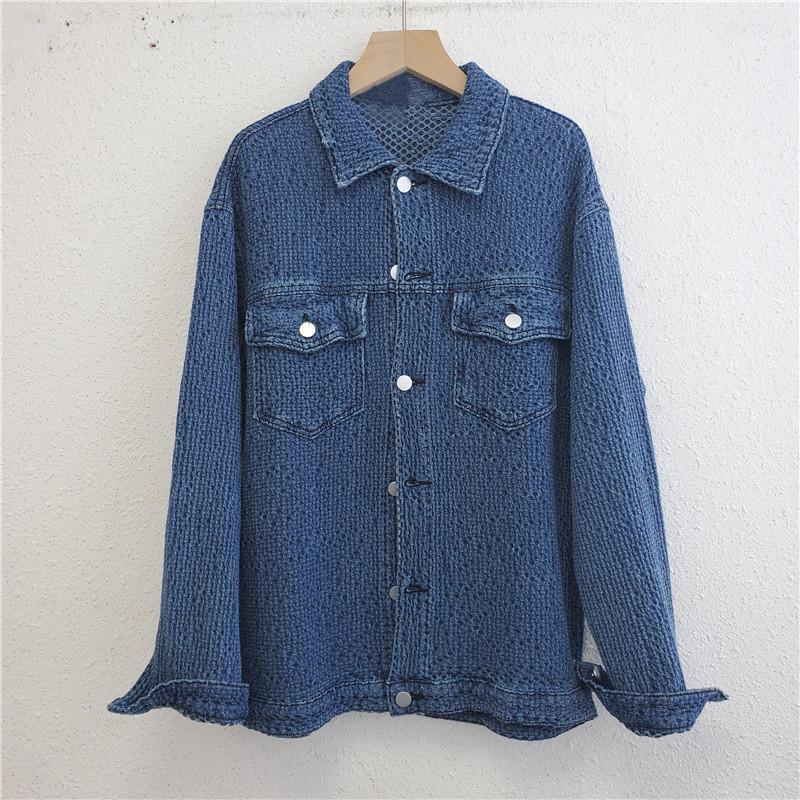 

Women' Jackets 2022 Spring Dark Blue Black Washed Frosted Jacquard Denim Jacket Women Oversized Lapel Single Breasted Long Sleeve Jeans
