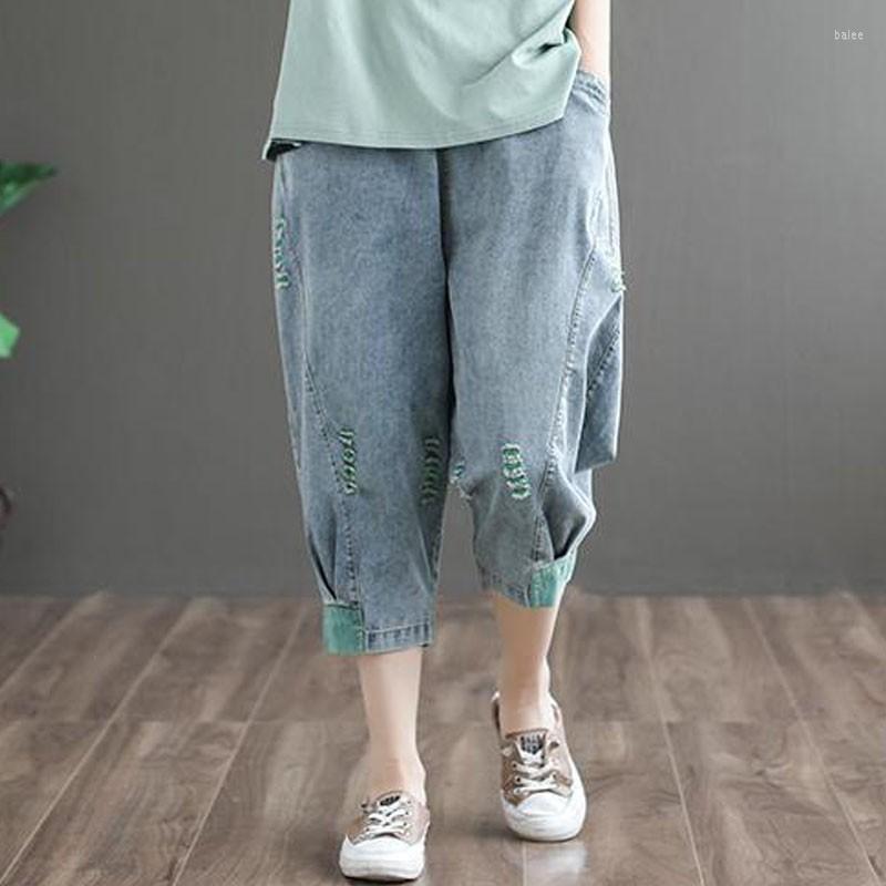 

Women's Jeans Johnature Retro Patchwork Pockets Hole Elastic Waist Denim Harem Pants 2022 Summer Loose Leisure Women Calf-length PantsWomen', Green
