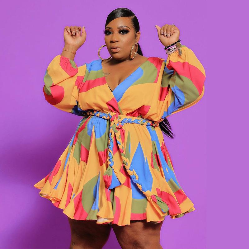 

Plus Size Dresses Sexy Printed Woven Swing Skirt With Belt V-Neck Women DressPlus, Orange