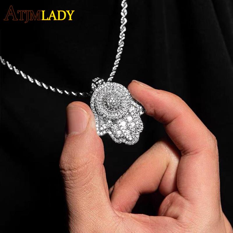 

Chains Iced Out 5A Clear Baguette Cz Paved Hamsa Hand Fatima's Pendant Necklace For Women Men Hiphop Tennis Chain Jewelry NecklaceChains
