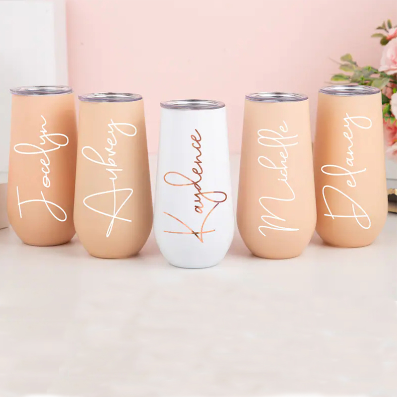 

6oz Champagne Tumbler Mugs Insulated Stemless Flutes Bridesmaid Tumblers with Lid Stainless Steel Wine Tumbler Gift, Customize