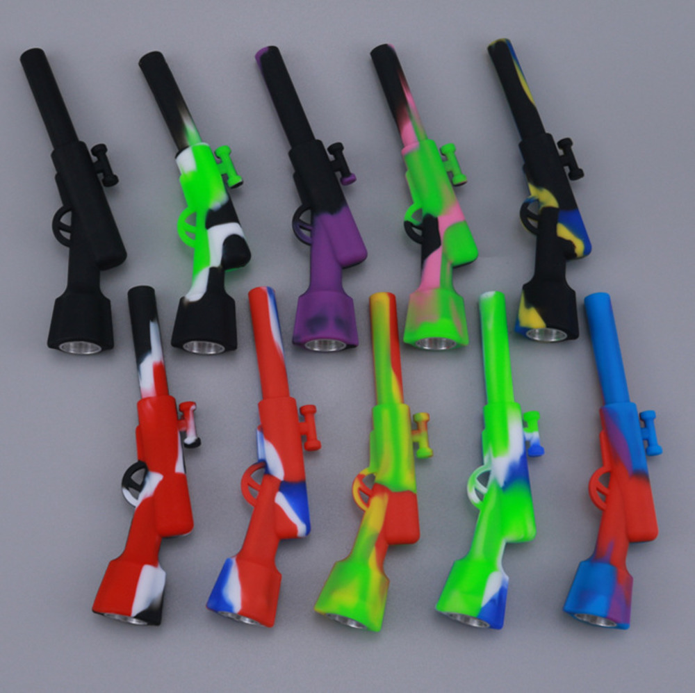 

Cross-border hot rifle 4.2inches smoking accessories Metal Pipe gun shaped mini Silicone Pipes