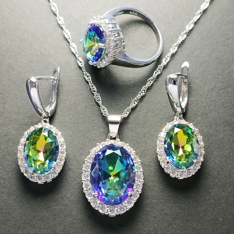 

Necklace Bride Jewelry Color Treasure Set Women's Earring Ring Three Piece Set