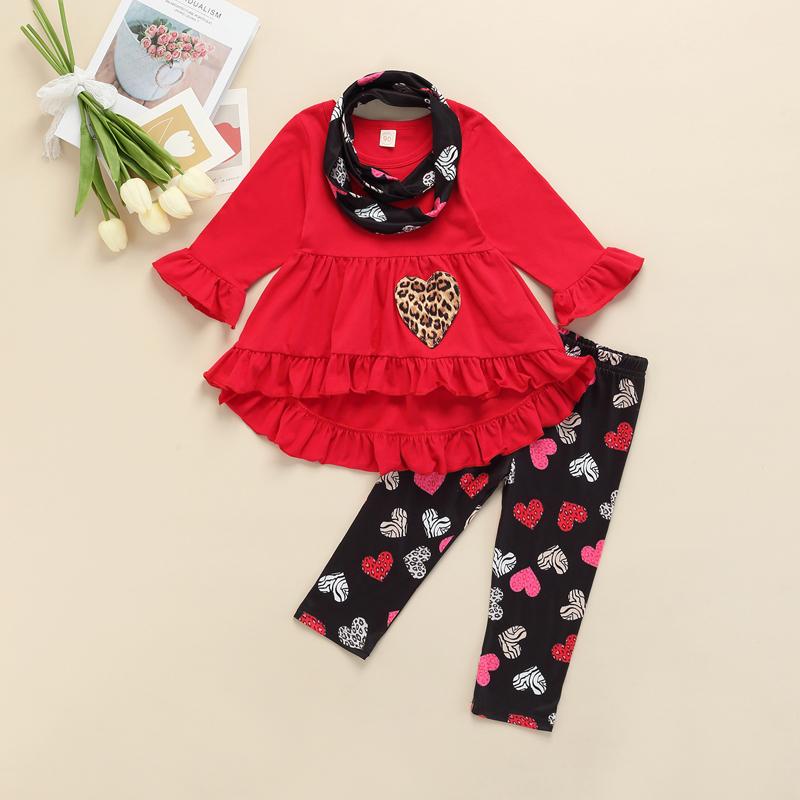 

Clothing Sets 1-6 Years Girls Clothes Outfit, Long Sleeve Ruffle Hem Pullover Tops + Heart Printed Pants Bib Three Pieces Set, Red